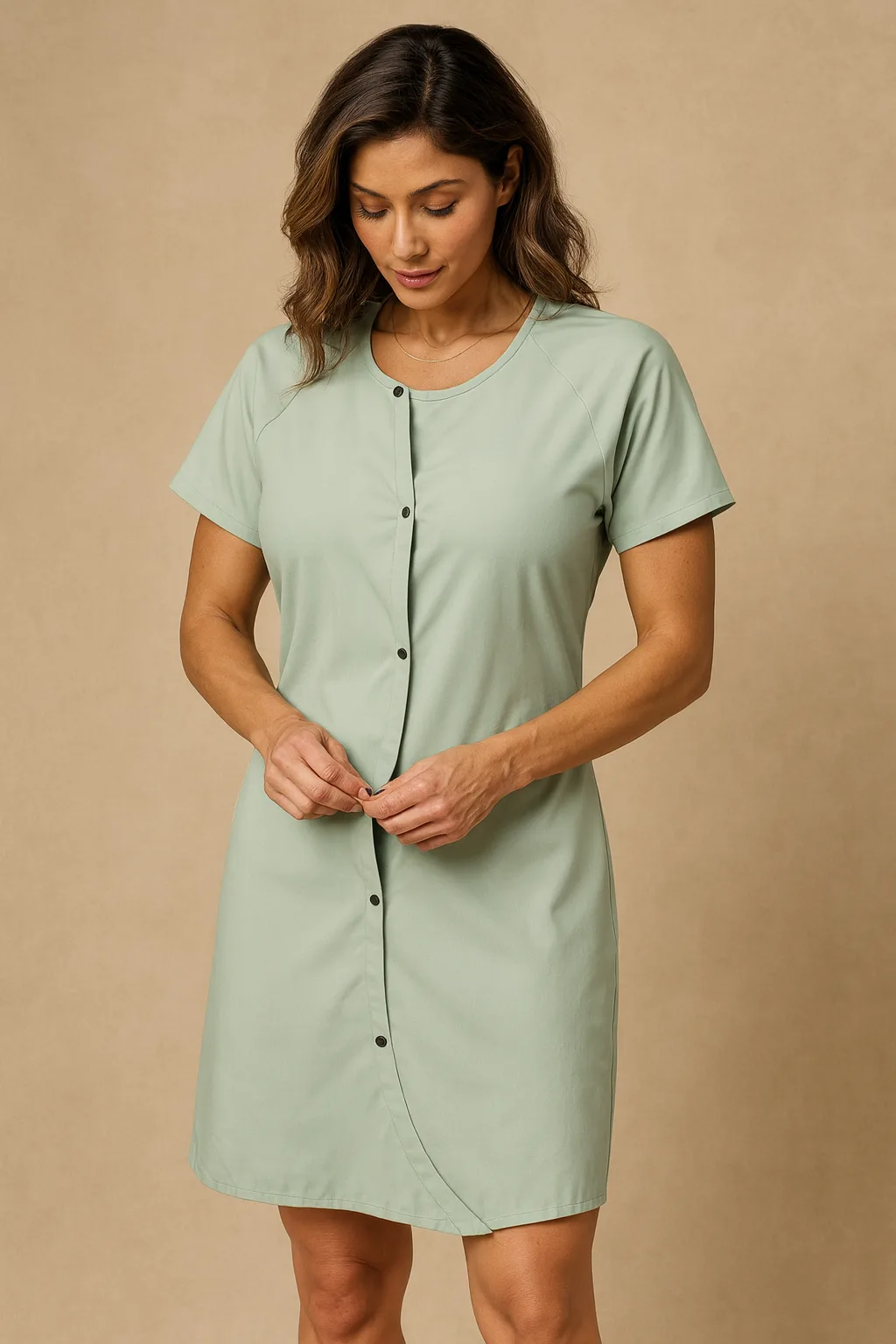 A patient buttoning a GIV Gown